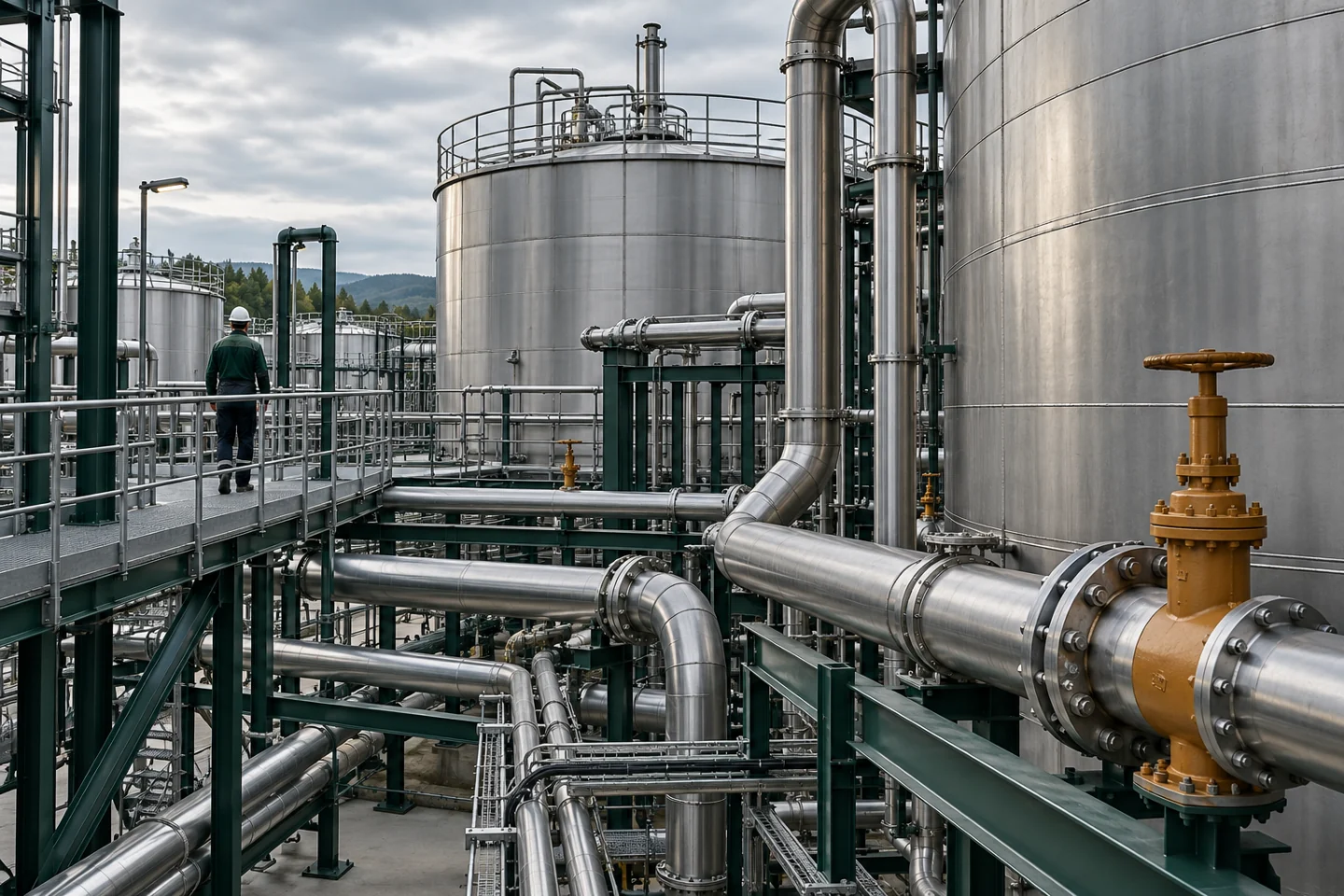 Industrial pipes and tanks at a water treatment facility, used as an illustrative image